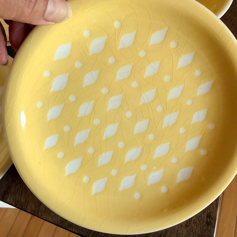 Vintage Harkerware Mosaic Mustard Cake Set MCM Plate Server 4 Dessert Plates